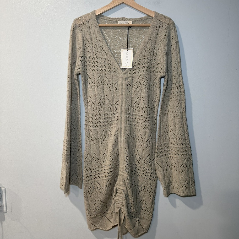 AMENAH Women brown open knit Cocktail Dress M NWT boho crochet pointelle